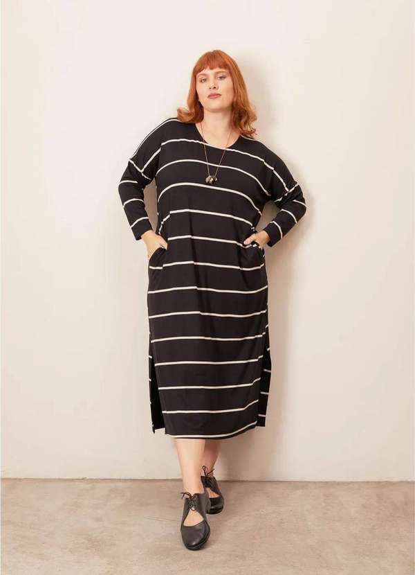 Bold - Vestido Midi Manga Longa Listrado Plus Size Preto 5