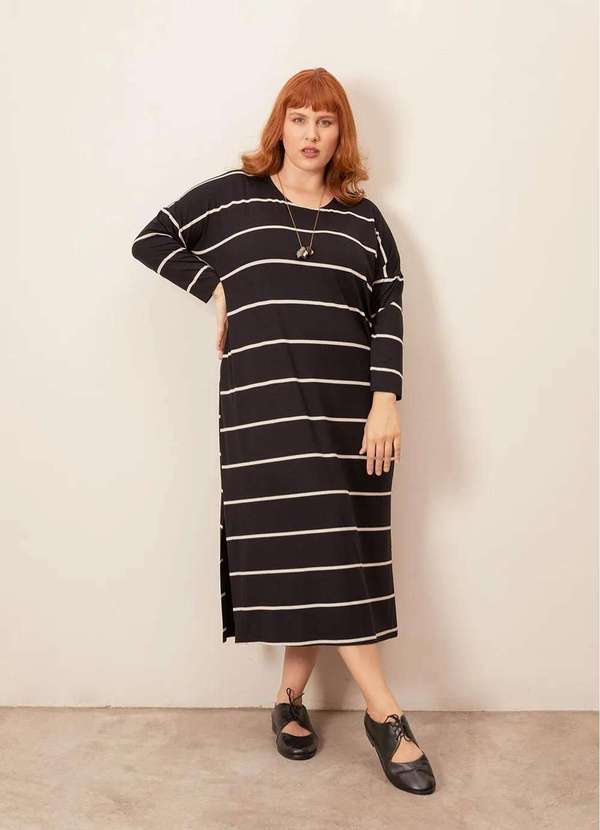 Bold - Vestido Midi Manga Longa Listrado Plus Size Preto 6