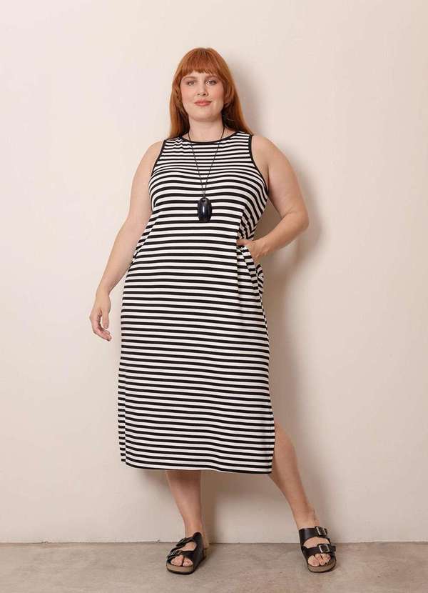 Bold - Vestido Regata Canelado Listrado Plus Size Preto 6