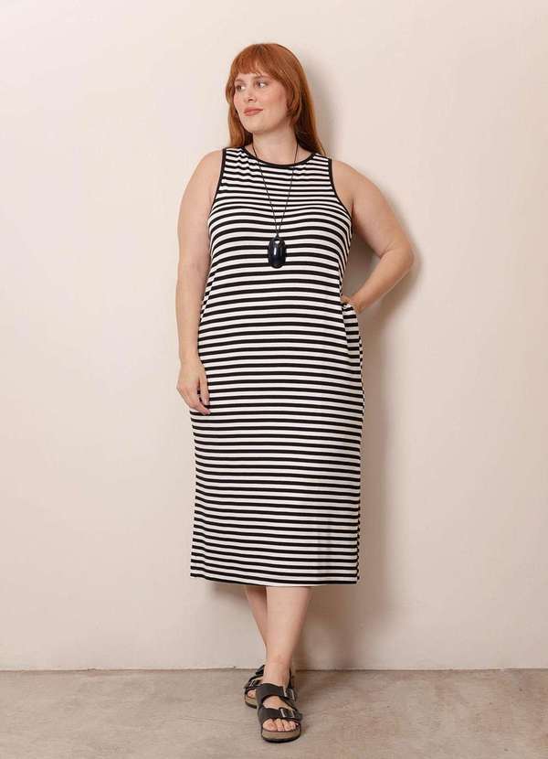 Bold - Vestido Regata Canelado Listrado Plus Size Preto 5