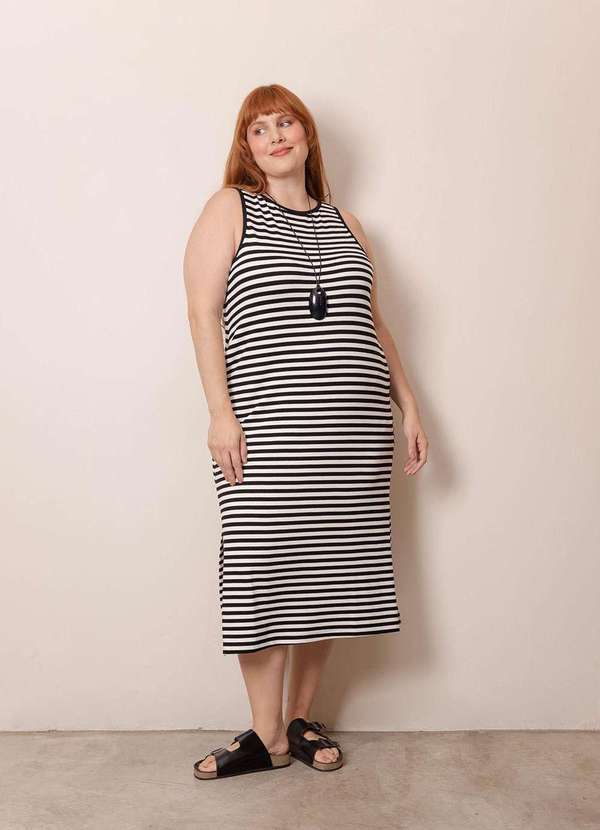 Bold - Vestido Regata Canelado Listrado Plus Size Preto 3