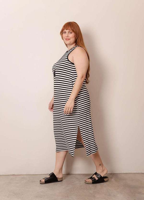Bold - Vestido Regata Canelado Listrado Plus Size Preto 2