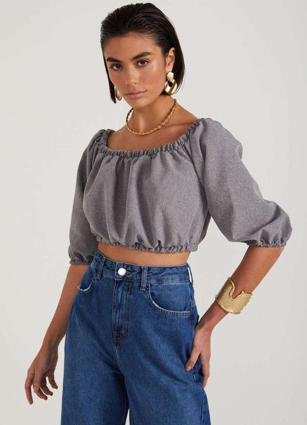 Dimy - Blusa Cropped Ciganinha Manga Bufante Dimy Cinza 2