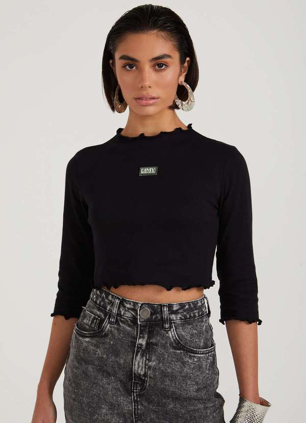 Dimy - Blusa Cropped Manga 3/4 com Frufru de Malha Dimy Preto