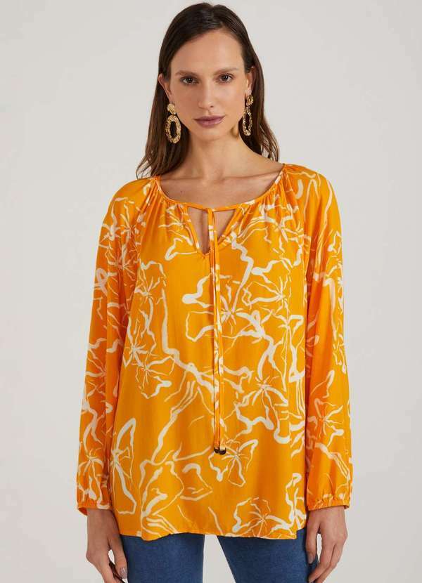 Dimy - Blusa Manga Longa com Amarracoes Tecido Plano Feminino Dimy Amarelo
