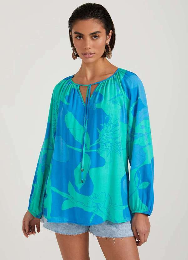 Dimy - Blusa Manga Longa com Amarracoes Tecido Plano Feminino Dimy Azul