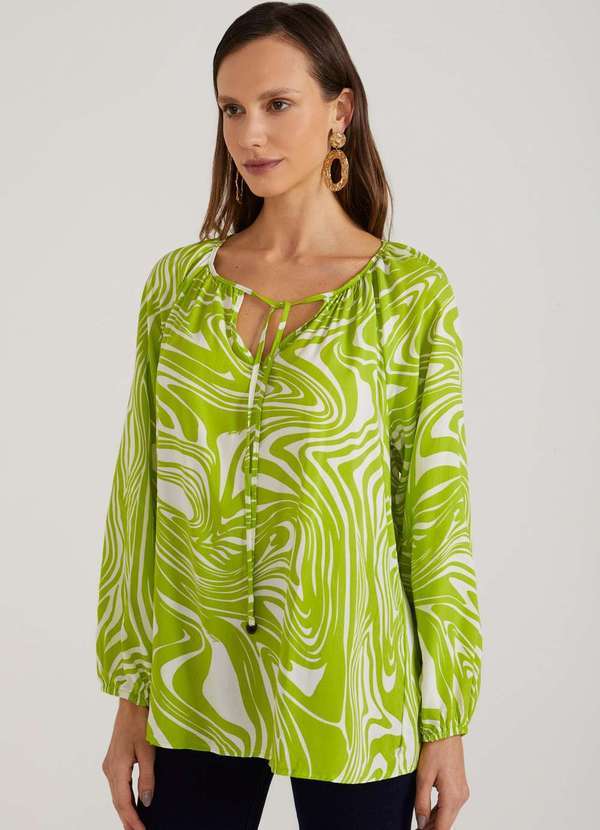 Dimy - Blusa Manga Longa com Amarracoes Tecido Plano Feminino Dimy Verde
