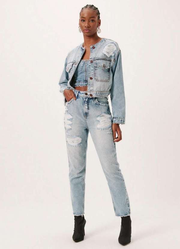 Dimy - Calca Madonna Mom c/ Rasgos e Patch Jeans Feminino Dimy Azul