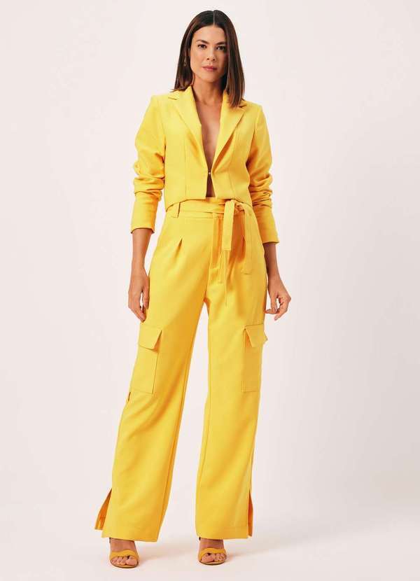 Dimy - Blazer Cropped com Mullet Costas Tecido Plano Feminino Dimy Amarelo