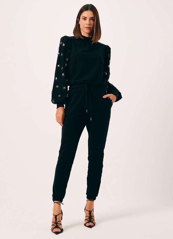 Dimy - Moletom Manga Bufante com Bordados Tecido Plano Dimy Preto