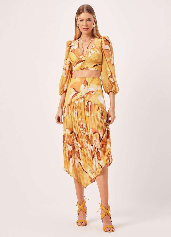 Dimy - Saia Midi Plissada com Ponta Tecido Plano Dimy Amarelo