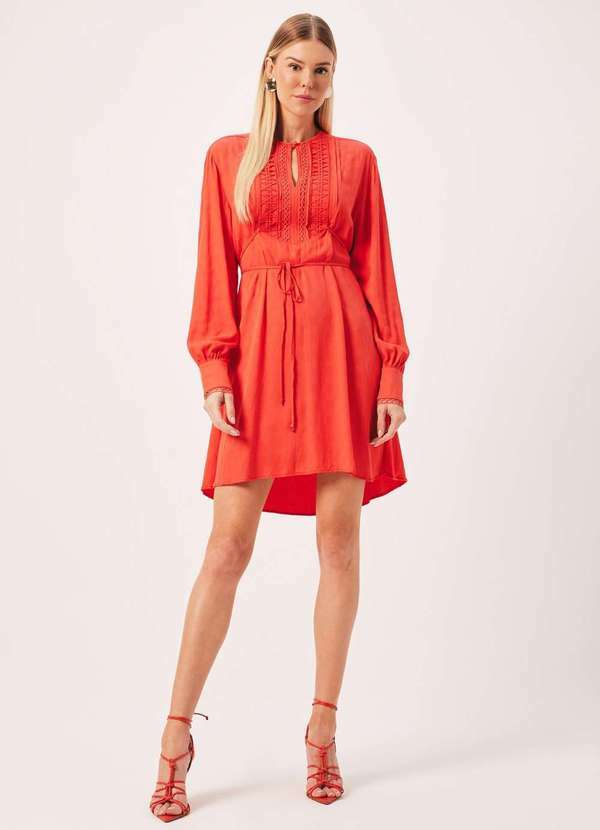 Dimy - Vestido Camisa com Detalhe Renda Tecido Plano Dimy Vermelho