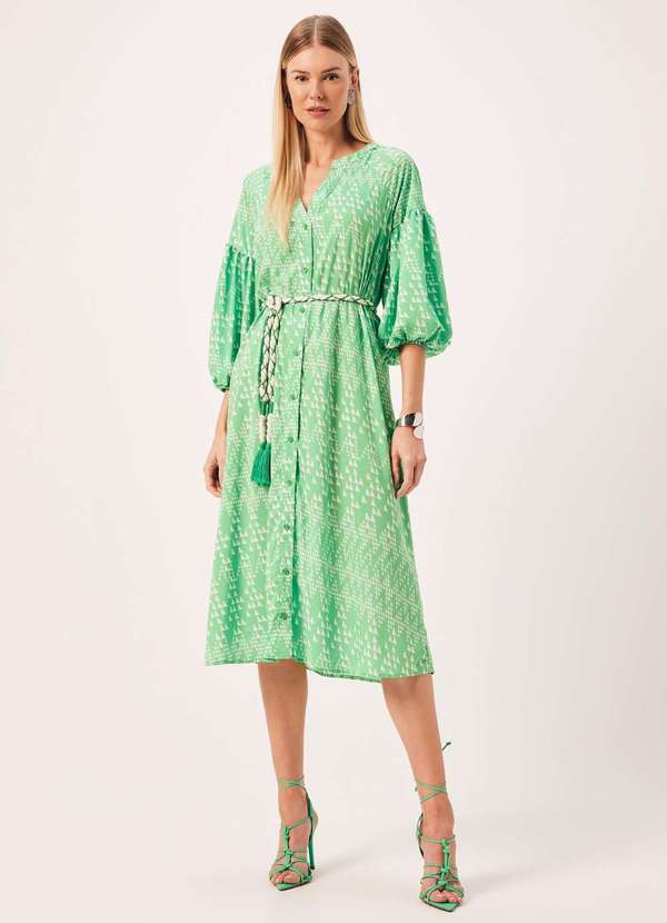 Dimy - Vestido Midi com Botoes e Manga Ampla Tecido Plano Dimy Verde