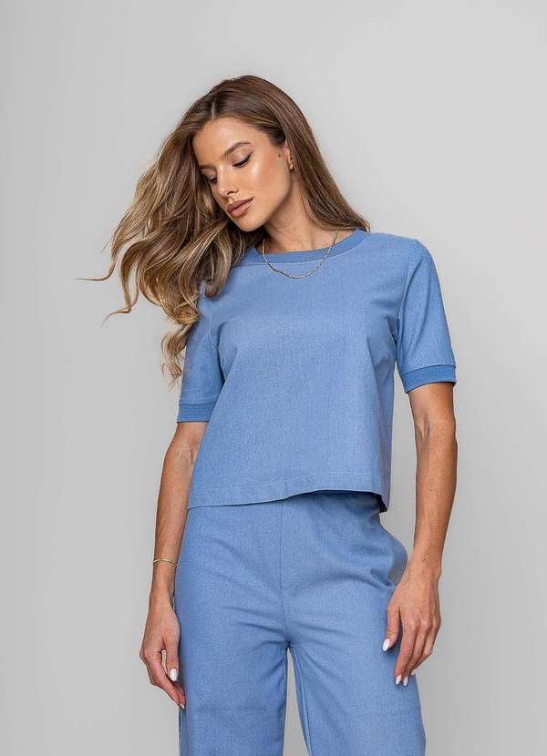 Salvatore Fashion - Blusa Alfaiataria Gola Ribana Manga Curta Azul 4