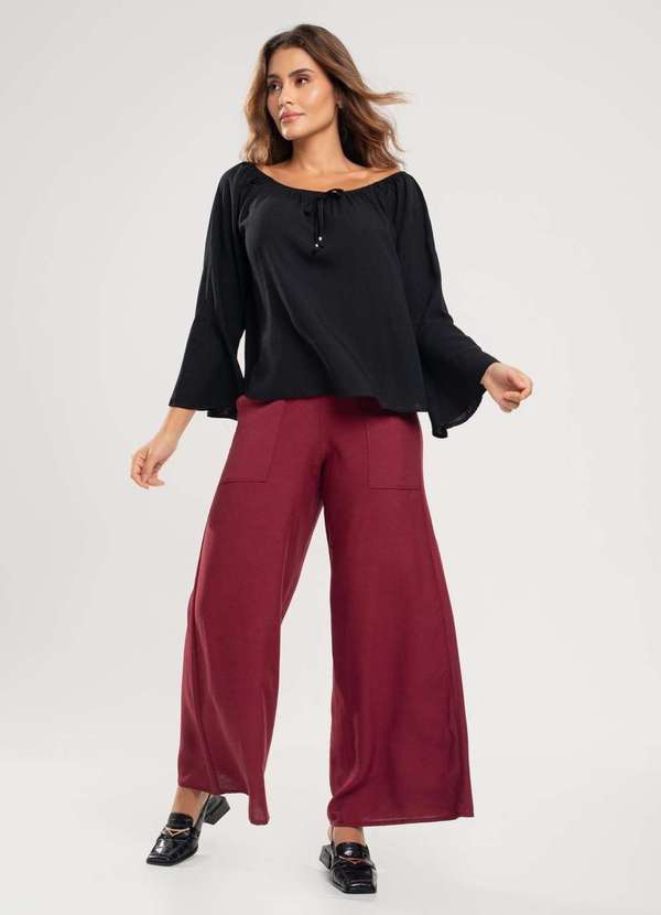 Blusa Ciganinha Manga Longa Flare Viscolinho Preto Salvatore Fashion