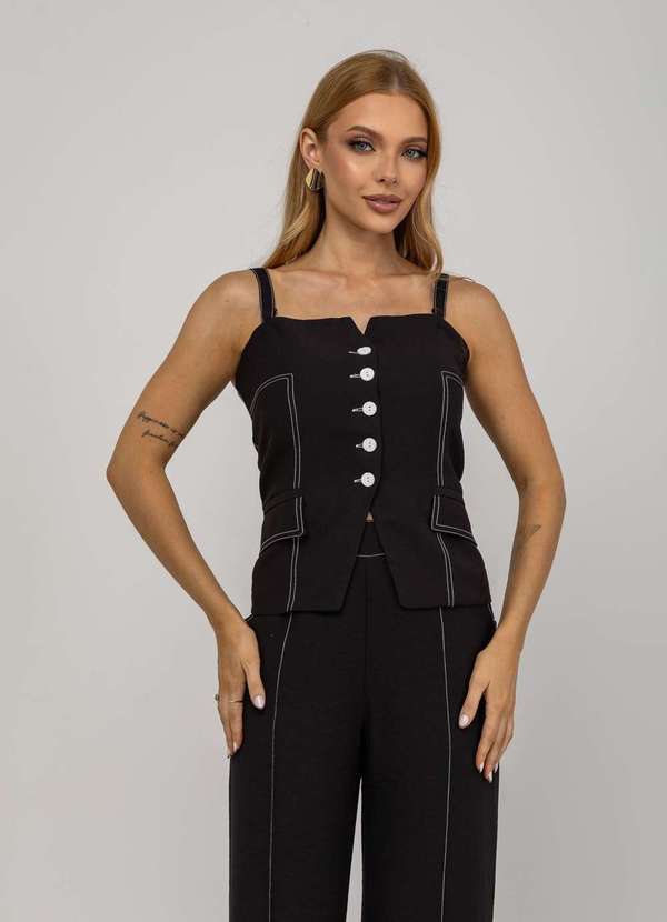 Salvatore Fashion - Blusa de Alfaiataria de Alças com Botões Preto