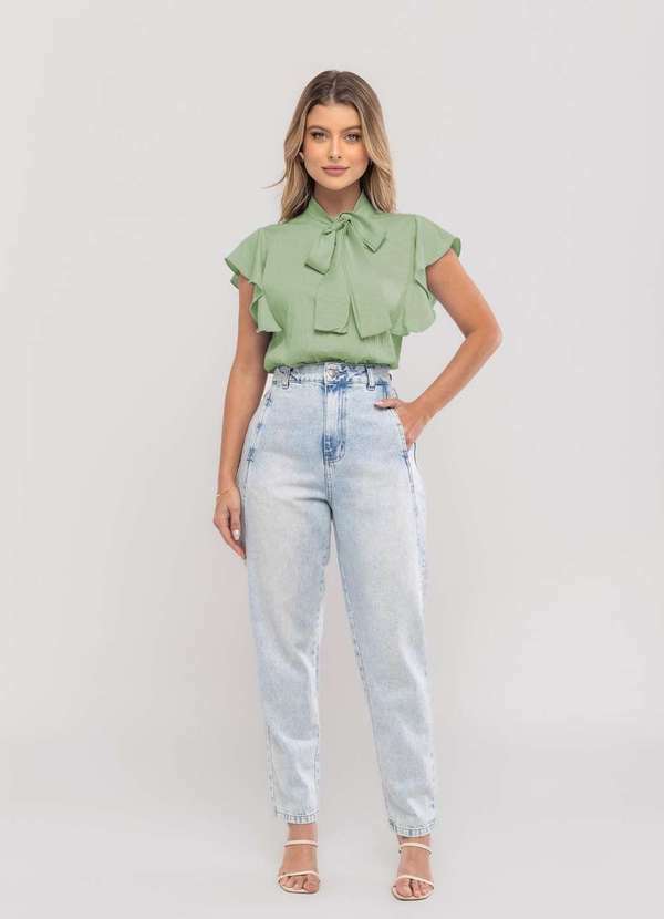 Salvatore Fashion - Blusa Feminina com Laço na Gola e Manga Babado Verde