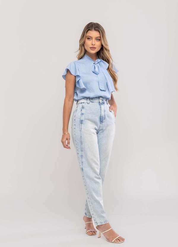 Salvatore Fashion - Blusa Feminina com Laço na Gola e Manga Babado Azul