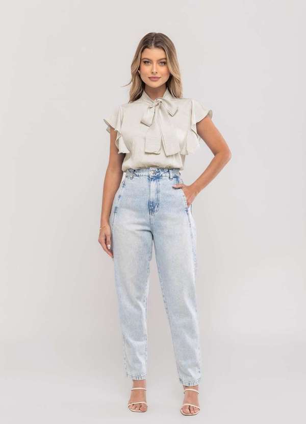 Salvatore Fashion - Blusa Feminina com Laço na Gola e Manga Babado Bege 2