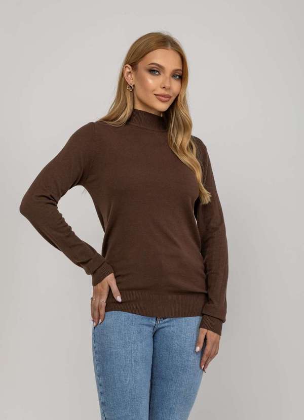 Salvatore Fashion - Blusa Feminina Tricot Gola Alta Manga Longa Lisa Marrom