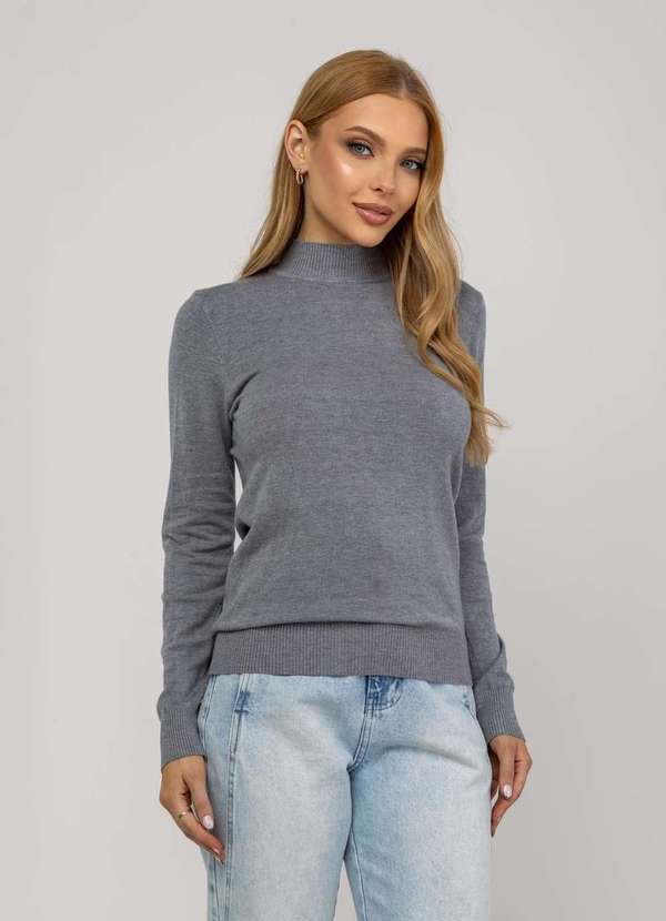 Salvatore Fashion - Blusa Feminina Tricot Gola Alta Manga Longa Lisa Cinza