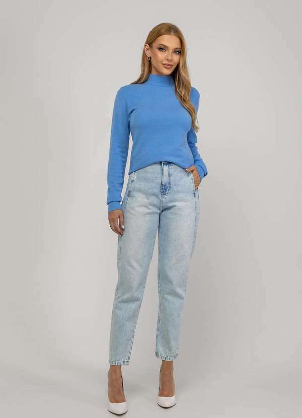 Salvatore Fashion - Blusa Feminina Tricot Gola Alta Manga Longa Lisa Azul