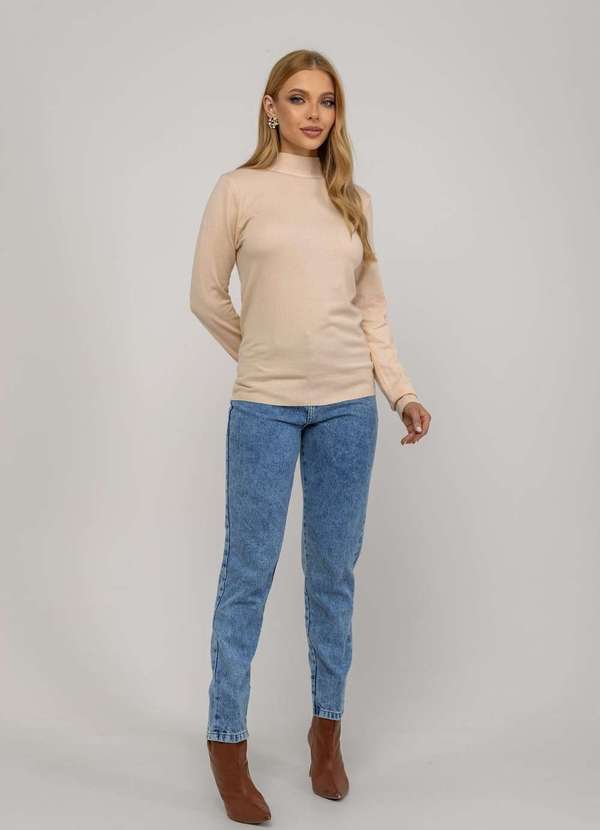 Salvatore Fashion - Blusa Feminina Tricot Gola Alta Manga Longa Lisa Bege