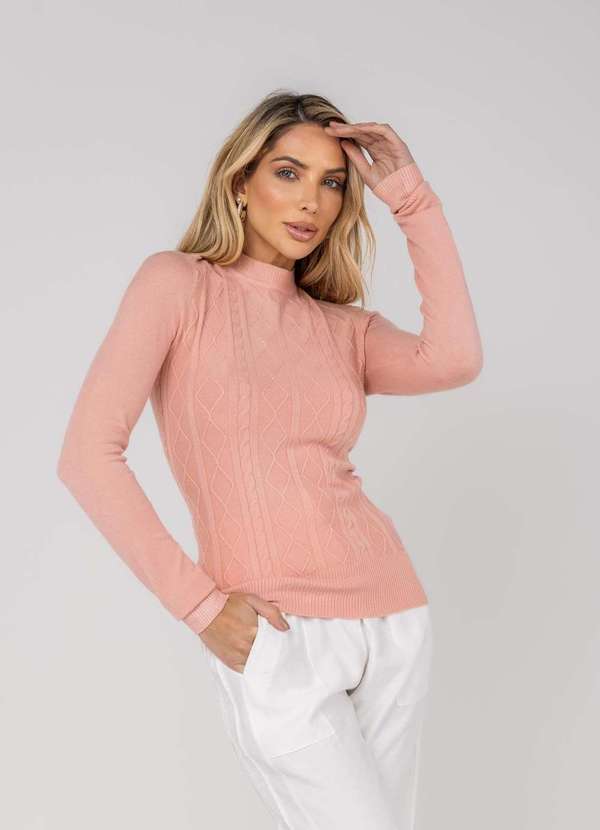 Salvatore Fashion - Blusa Feminina Tricot Gola Careca Tramas Rosa