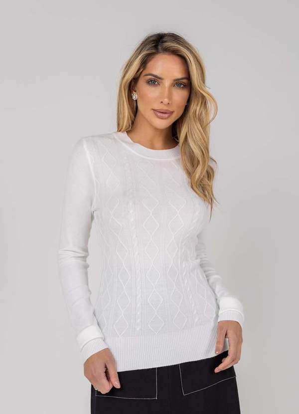 Salvatore Fashion - Blusa Feminina Tricot Gola Careca Tramas Branco 3