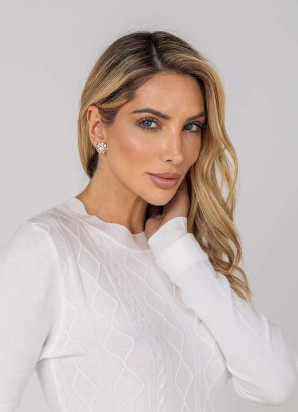 Salvatore Fashion - Blusa Feminina Tricot Gola Careca Tramas Branco 5