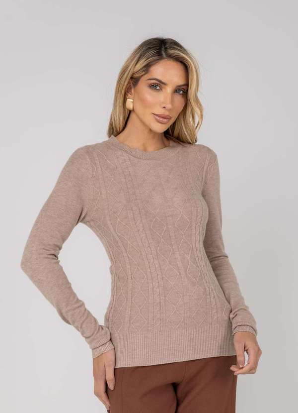 Salvatore Fashion - Blusa Feminina Tricot Gola Careca Tramas Bege