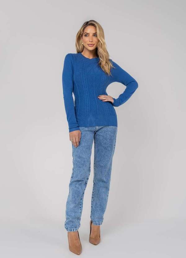 Salvatore Fashion - Blusa Feminina Tricot Gola Careca Tramas Azul