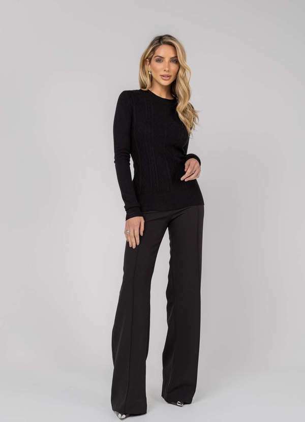 Salvatore Fashion - Blusa Feminina Tricot Gola Careca Tramas Preto