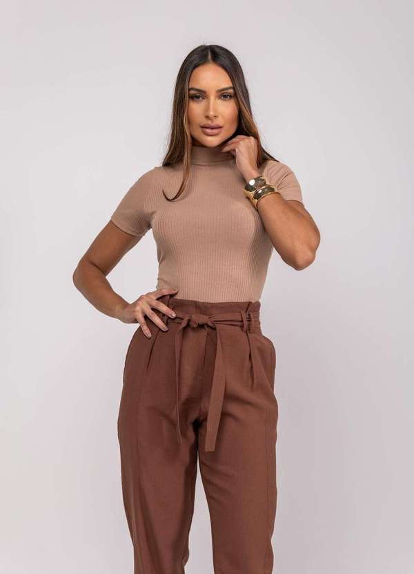Salvatore Fashion - Blusa Gola Alta Malha Canelada Fashion Marrom