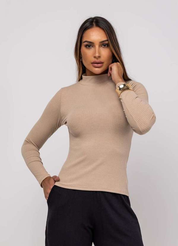 Salvatore Fashion - Blusa Gola Alta Manga Longa Malha Canelada Fashion Bege