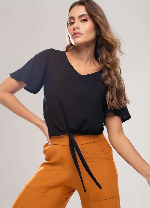 Salvatore Fashion - Blusa Gola V Manga Amarração Viscolinho Fashion Preto