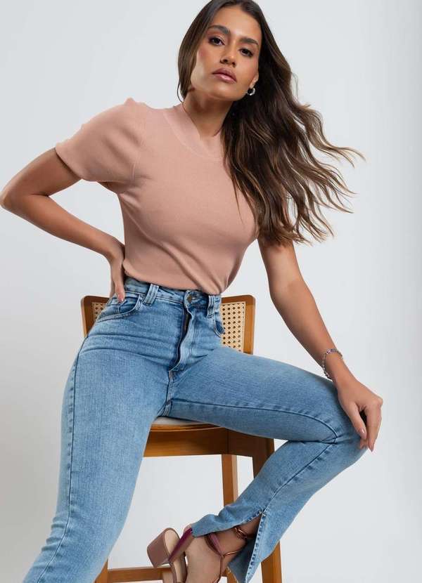 Salvatore Fashion - Blusa Malha Fria Modal Gola Alta M/C Fashion Bege