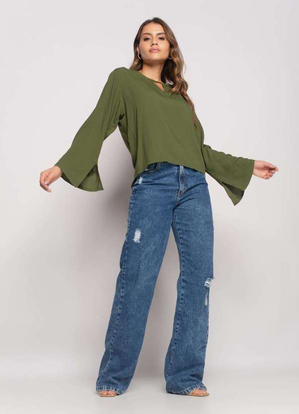 Salvatore Fashion - Blusa Manga Longa Flare Viscolinho Verde