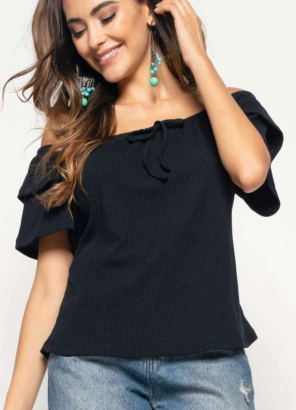 Salvatore Fashion - Blusa Ombro a Ombro Canelada Fashion Preto