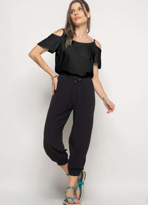 Salvatore Fashion - Blusa Ombro Vazado Viscolinho Fashion Preto