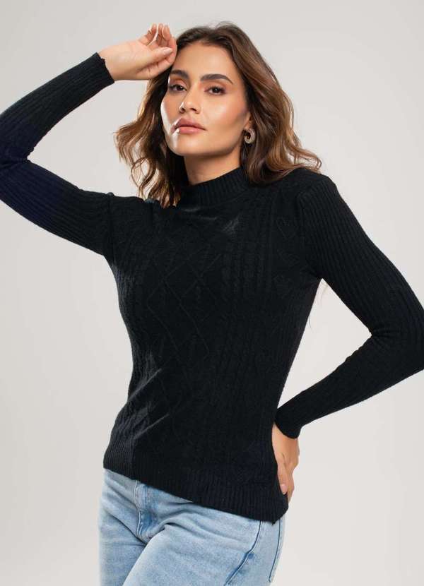 Salvatore Fashion - Blusa Tricot Gola Alta Manga Longa Tramas Coração Preto
