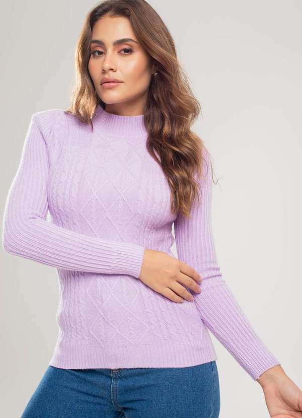 Salvatore Fashion - Blusa Tricot Gola Alta Manga Longa Tramas Coração Roxo
