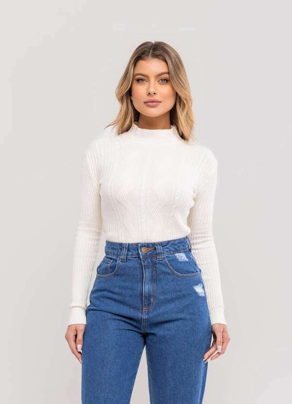 Salvatore Fashion - Blusa Tricot Modal Gola Alta Tramas Branco