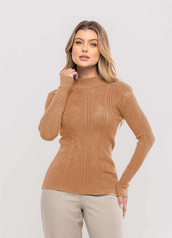 Salvatore Fashion - Blusa Tricot Modal Gola Alta Tramas Marrom