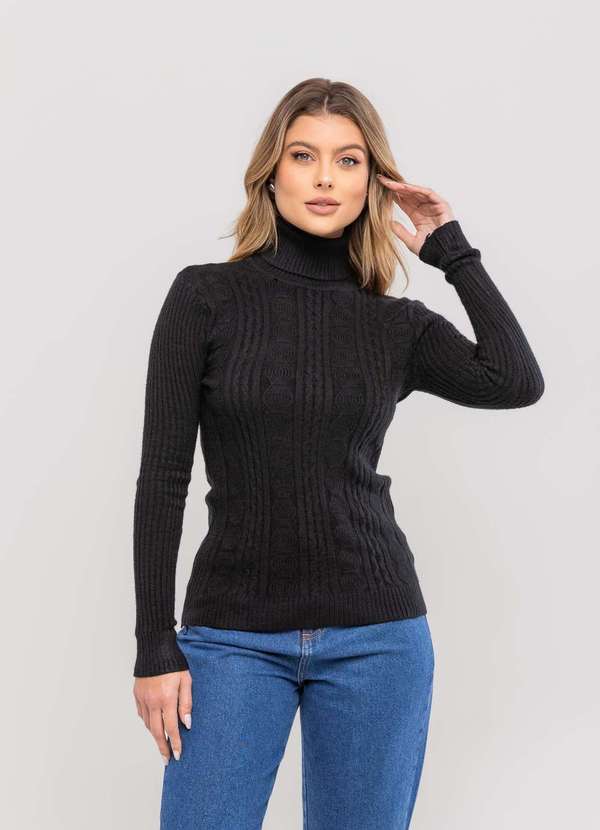 Salvatore Fashion - Blusa Tricot Modal Gola Rolê Tramas Preto