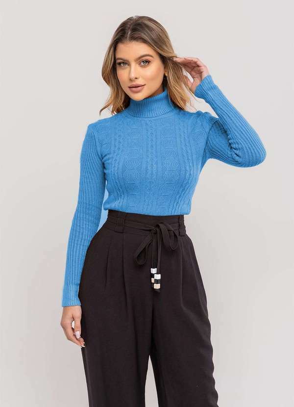 Salvatore Fashion - Blusa Tricot Modal Gola Rolê Tramas Azul