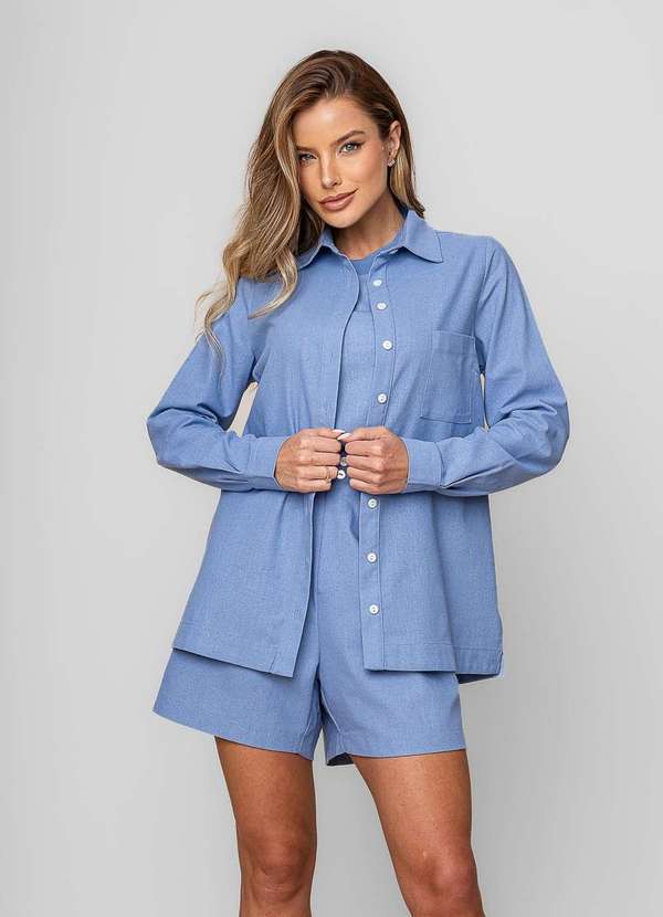 Salvatore Fashion - Camisa Alfaiataria Linho M/L com Bolso Azul 3