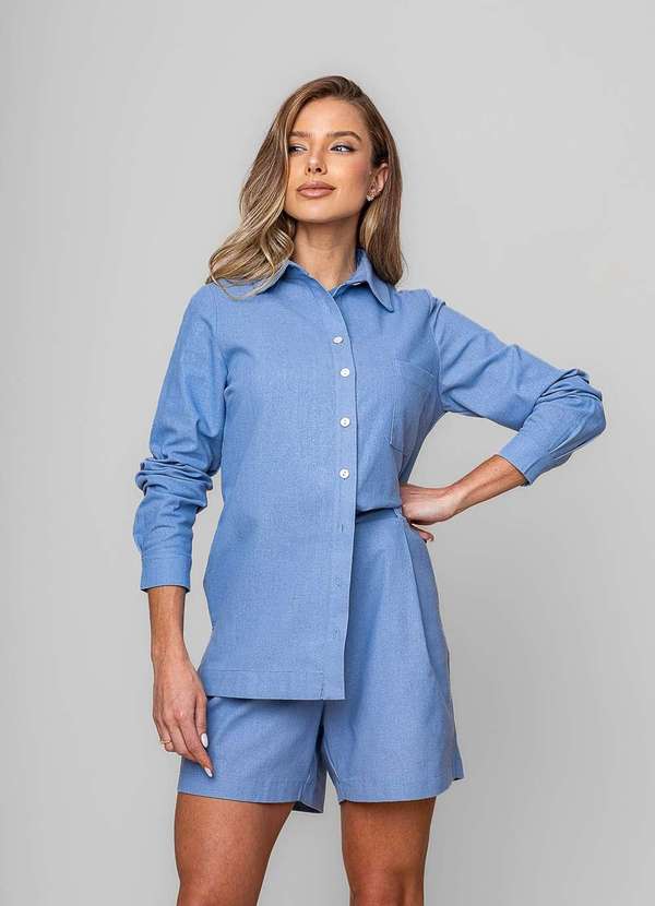 Salvatore Fashion - Camisa Alfaiataria Linho M/L com Bolso Azul 4