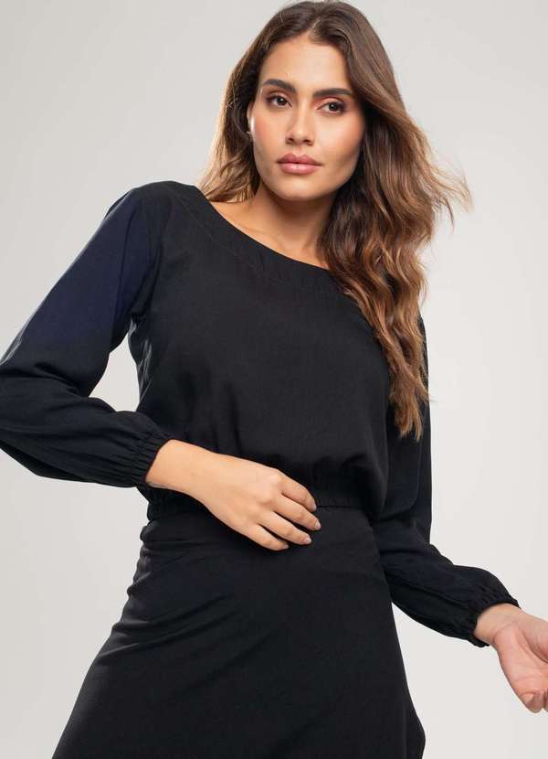 Salvatore Fashion - Cropped Gola Canoa Manga Longa Viscolinho Fashion Preto