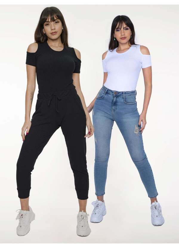 Salvatore Fashion - Kit 2 Blusas Ombro Vazado Malha Canelada Fashion Preto